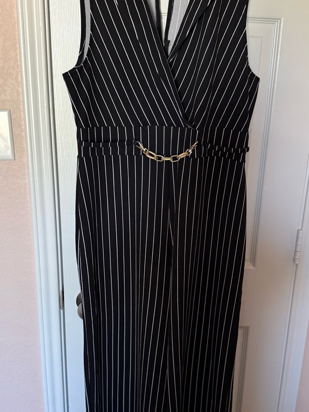No Boundaries Black Pinstripe Sleeveless Jumpsuit with Gold Chain Detail